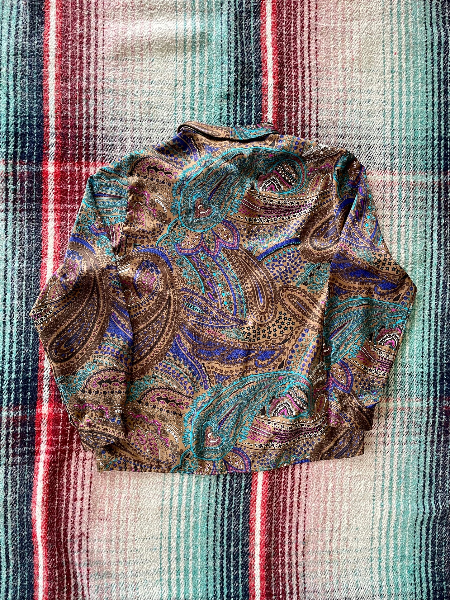 70s Psychedelic Satin Bow Collar Blouse L